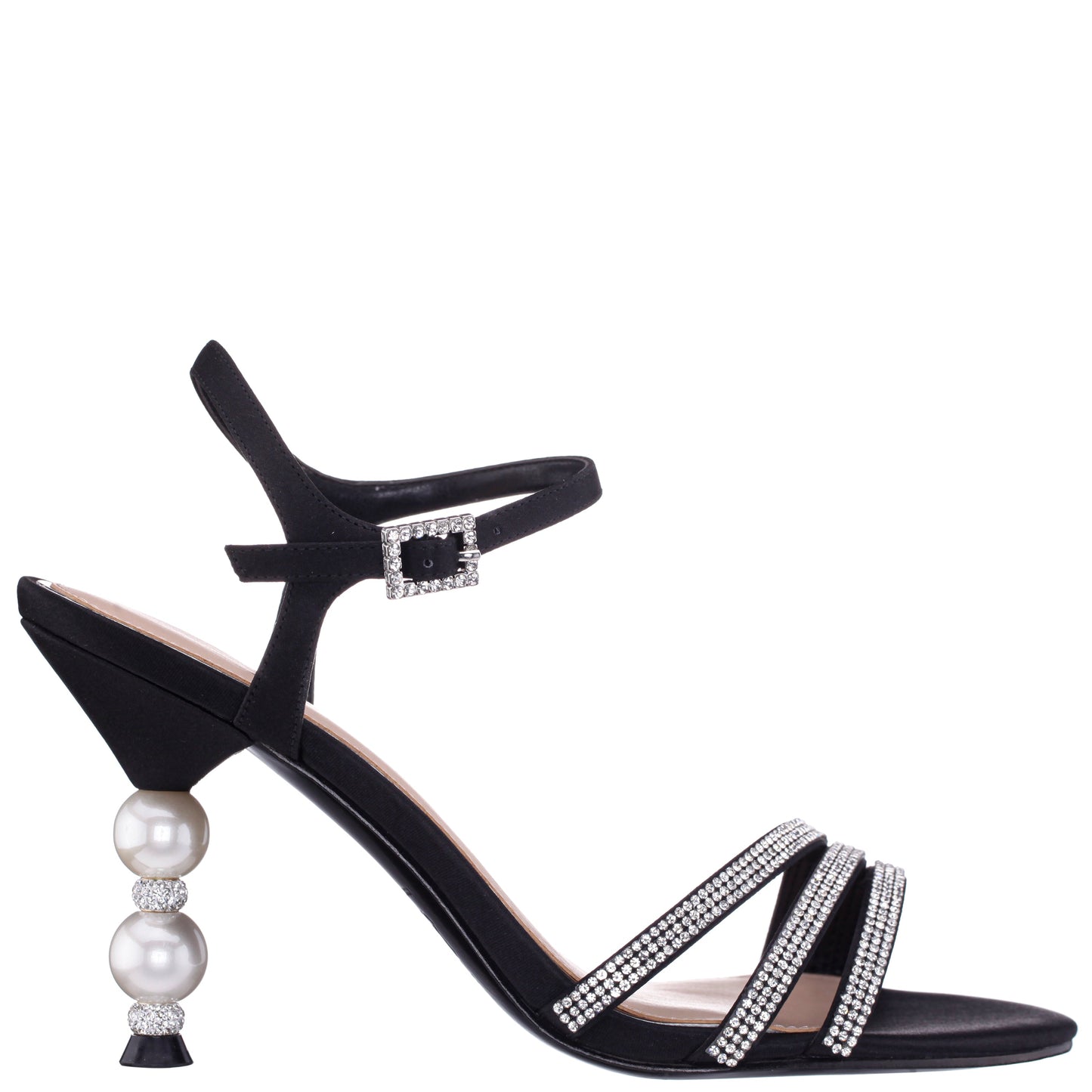 Nina Shoes Veera Black Satin with Crystals and Pearls High-Heel Sandals with Jeweled Ankle-Strap