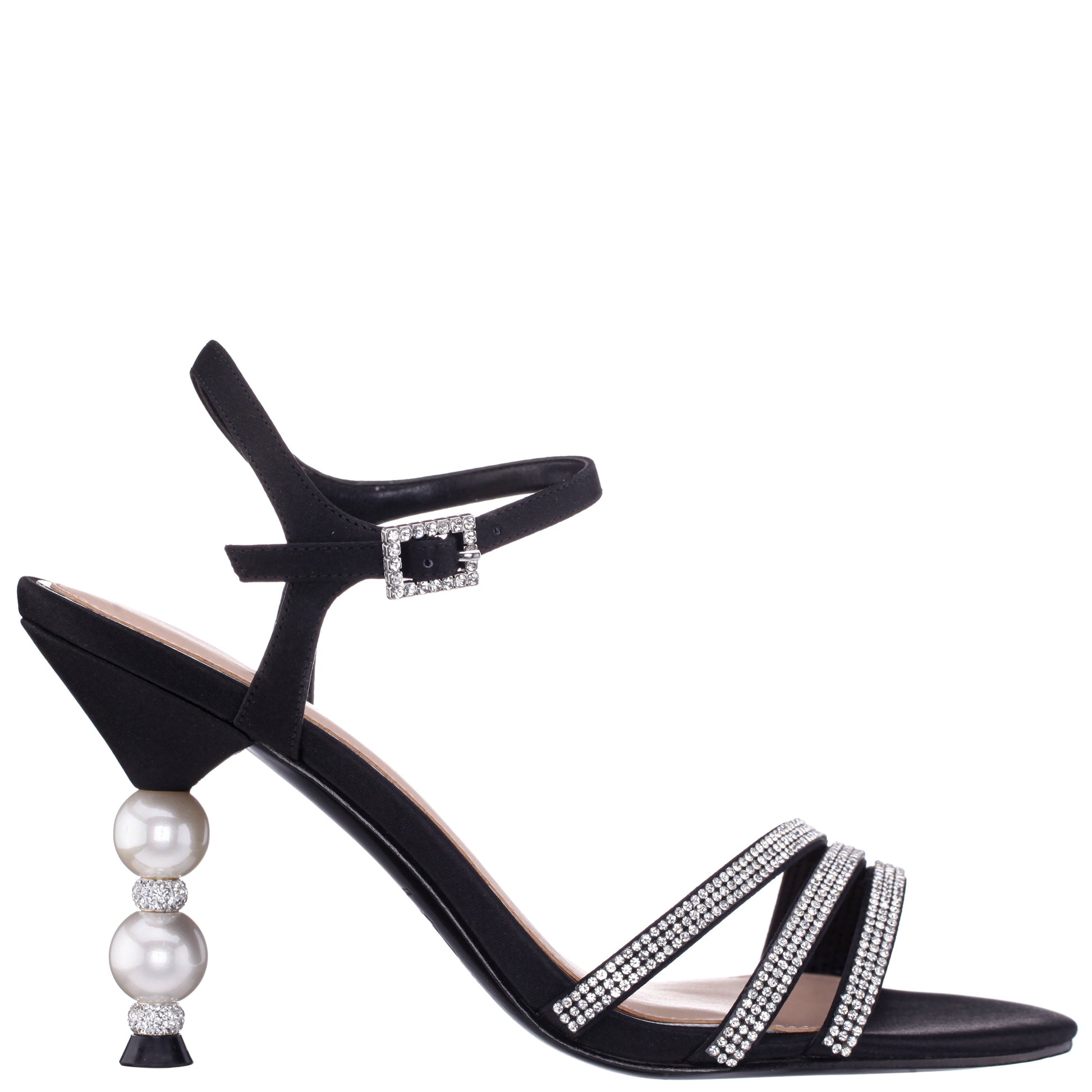 Nina Shoes Veera Black Satin with Crystals and Pearls High-Heel Sandals with Jeweled Ankle-Strap