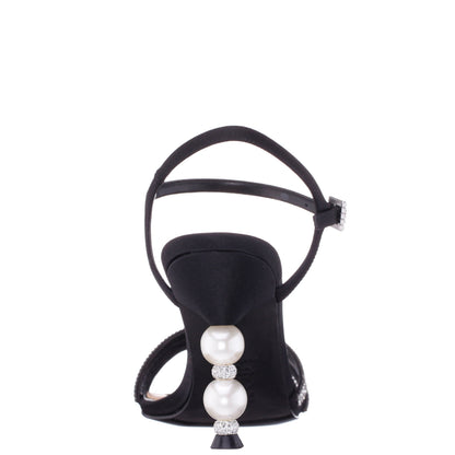 Nina Shoes Veera Black Satin with Crystals and Pearls High-Heel Sandals with Jeweled Ankle-Strap