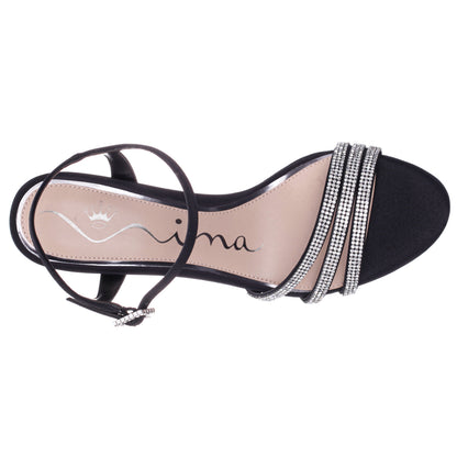 Nina Shoes Veera Black Satin with Crystals and Pearls High-Heel Sandals with Jeweled Ankle-Strap