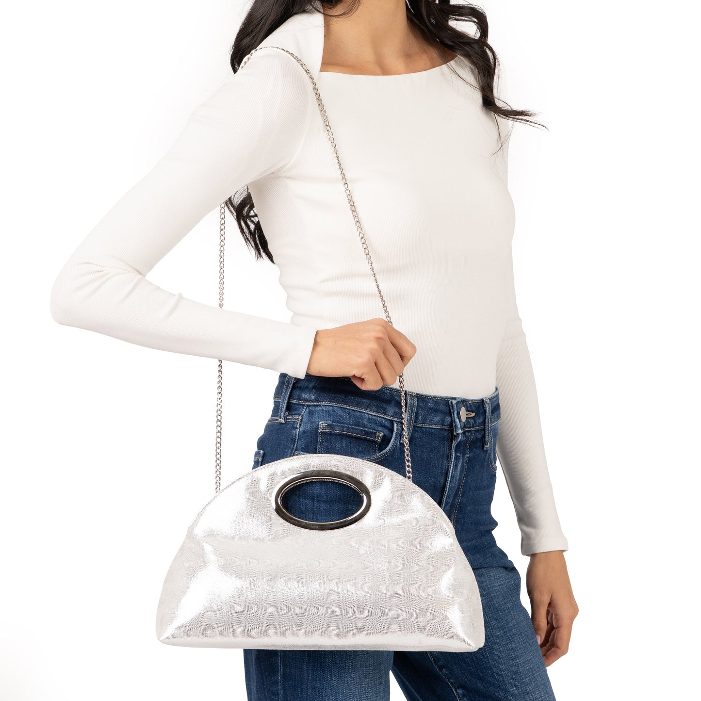 Nina Shoes Jael Silver Metallic Geo Swirl Fabric Handle Bag