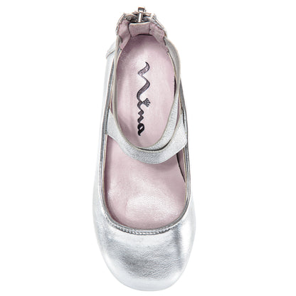 Nina Shoes Girls Marissa silver metallic zip back ballet flats