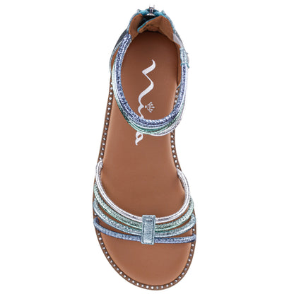 Nina Shoes Girls Brianna Blue Crinkle Metallic Back Zip Sandals