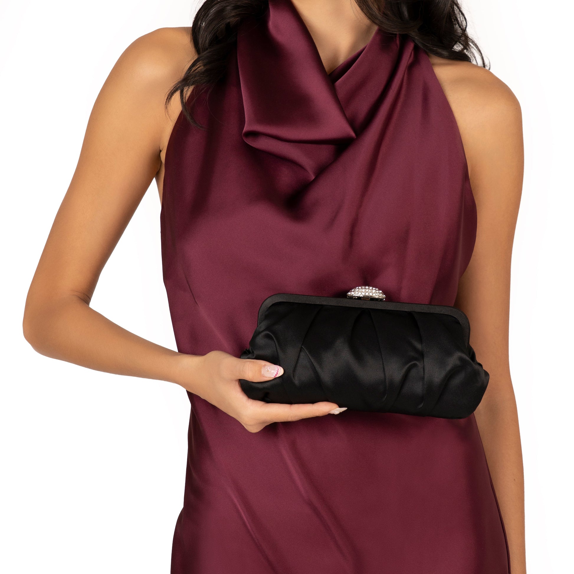 Nina Shoes Concord Black Pleated Frame Clutch With Crystal Clasp