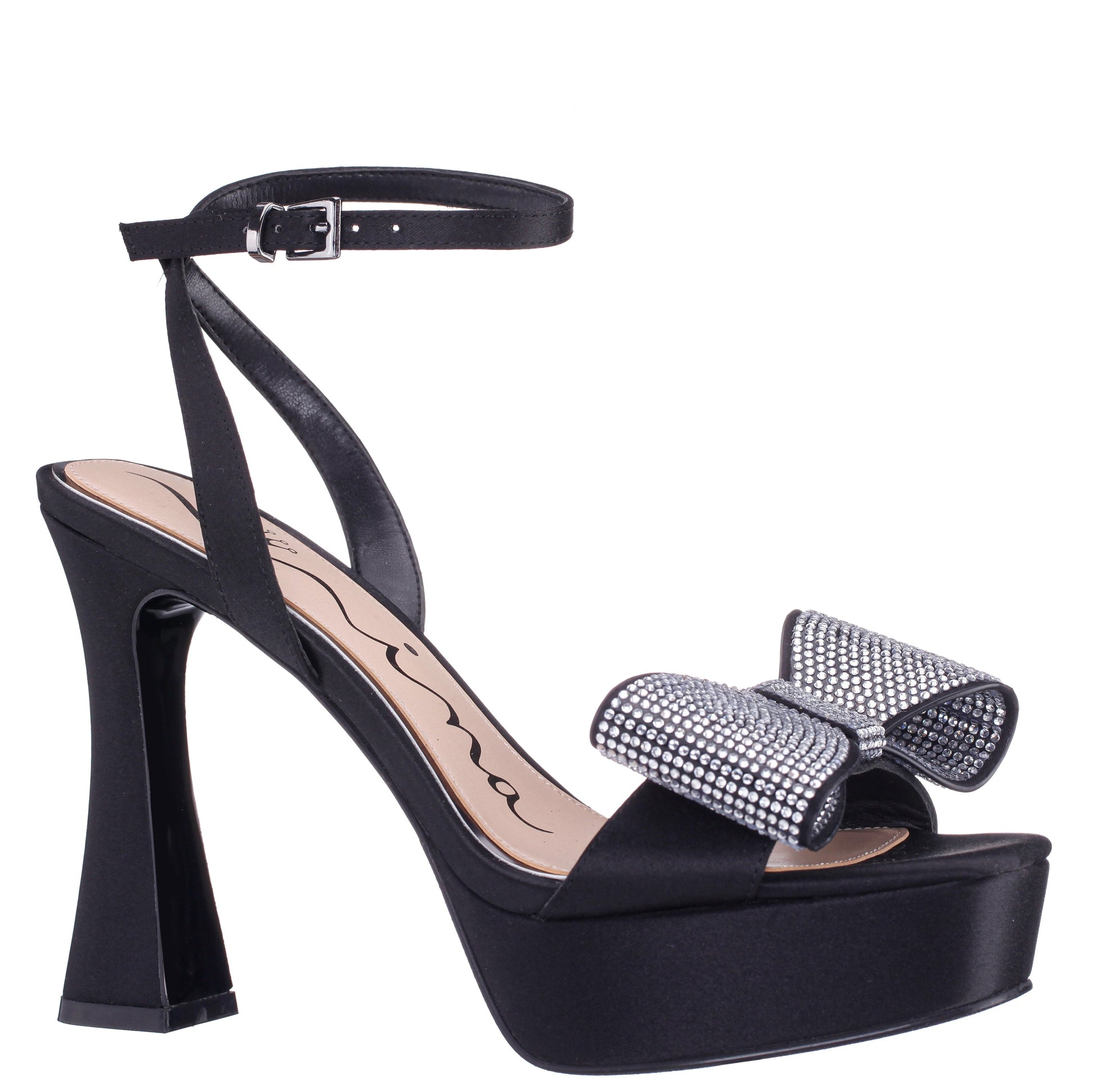 Nina Shoes Agusta Black Satin Bow Ultra High Platform Sandals