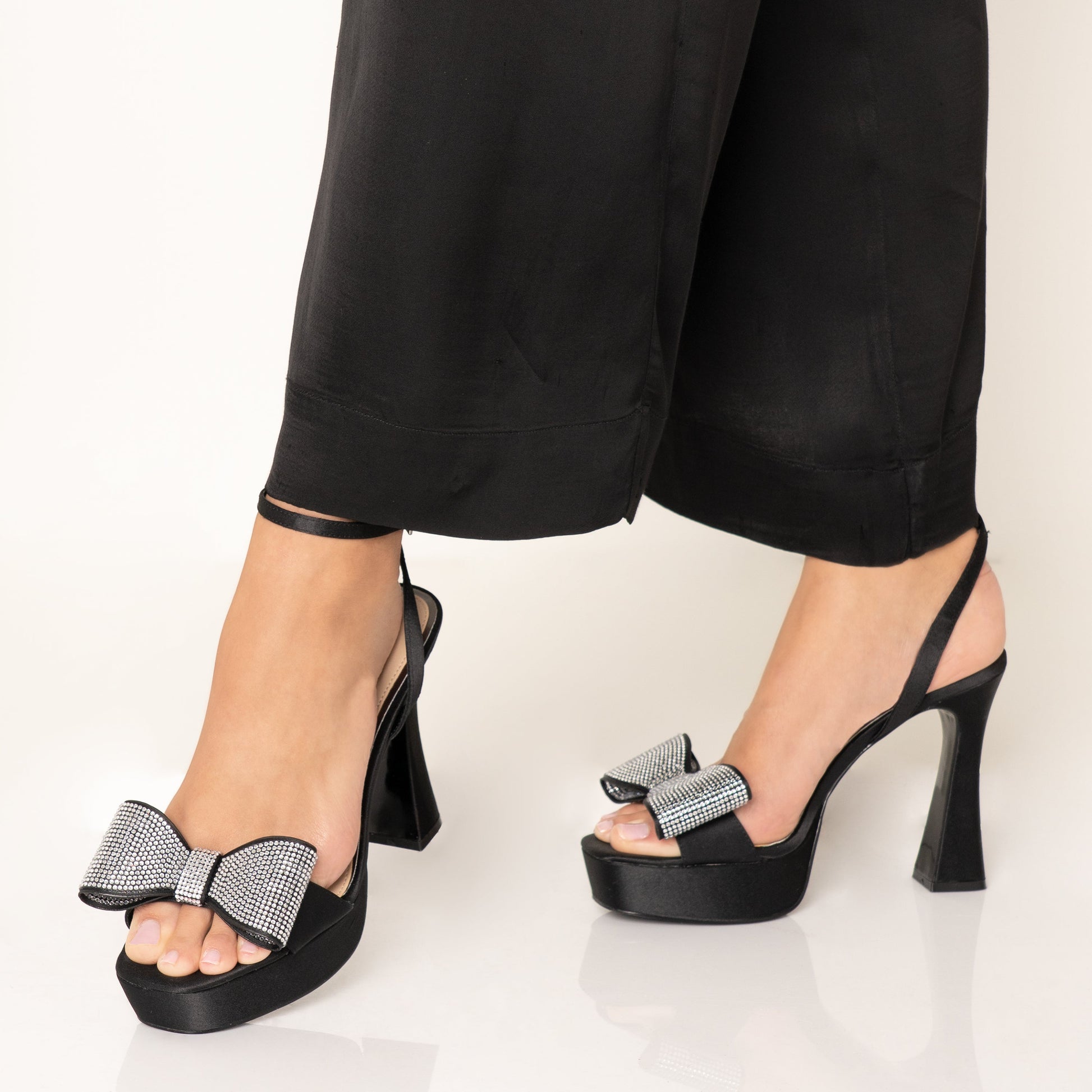 Nina Shoes Agusta Black Satin Bow Ultra High Platform Sandals