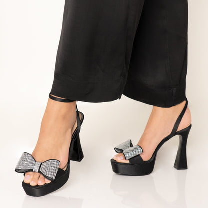 Nina Shoes Agusta Black Satin Bow Ultra High Platform Sandals