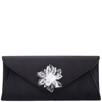 Nina Shoes Twila Black Satin/Glass Crystal Envelope Clutch
