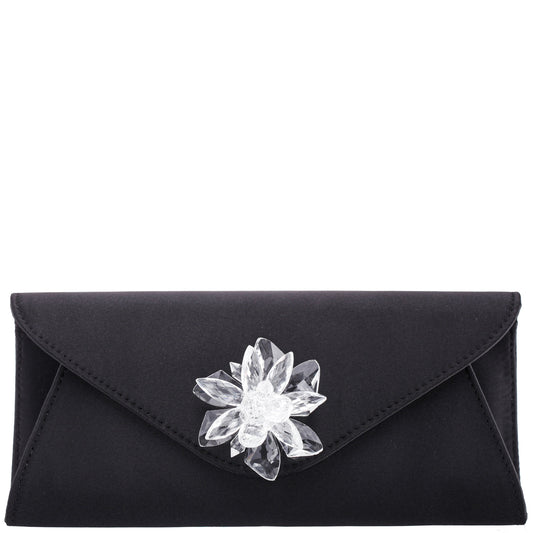 Nina Shoes Twila Black Satin/Glass Crystal Envelope Clutch