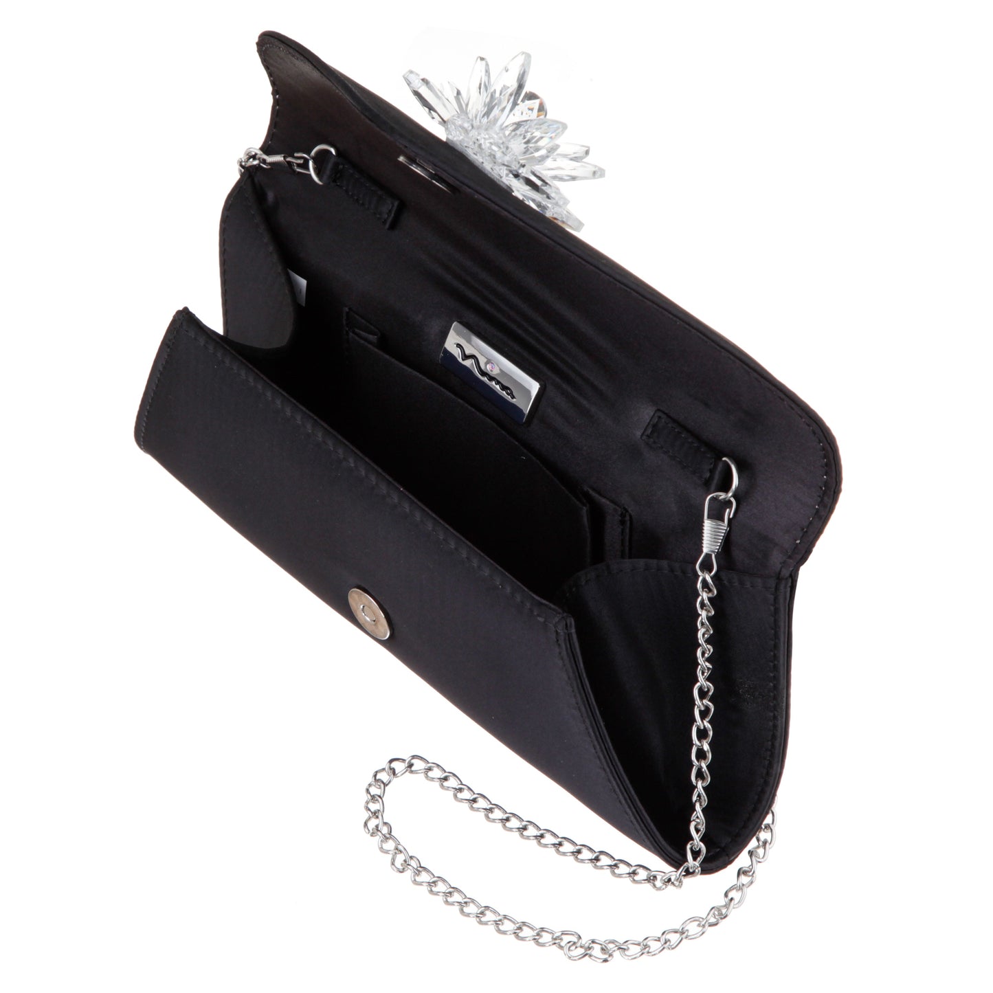 Nina Shoes Twila Black Satin/Glass Crystal Envelope Clutch