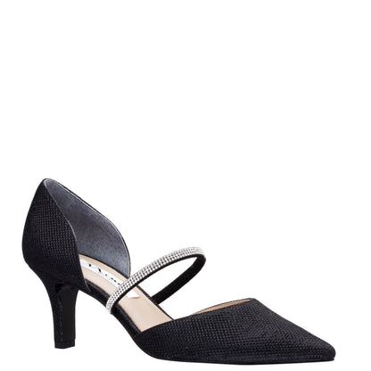 Nina Shoes Brystol Black Textured Metallic with Crystal Band Mid-Heel D'Orsay Pumps