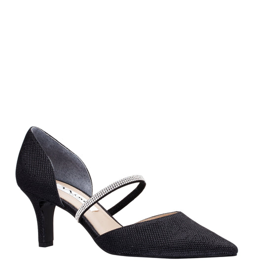 Nina Shoes Brystol Black Textured Metallic with Crystal Band Mid-Heel D'Orsay Pumps