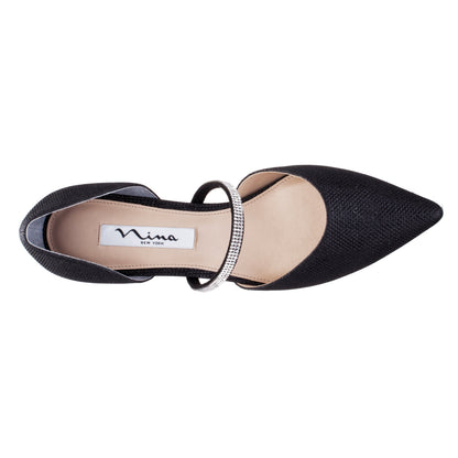Nina Shoes Brystol Black Textured Metallic with Crystal Band Mid-Heel D'Orsay Pumps
