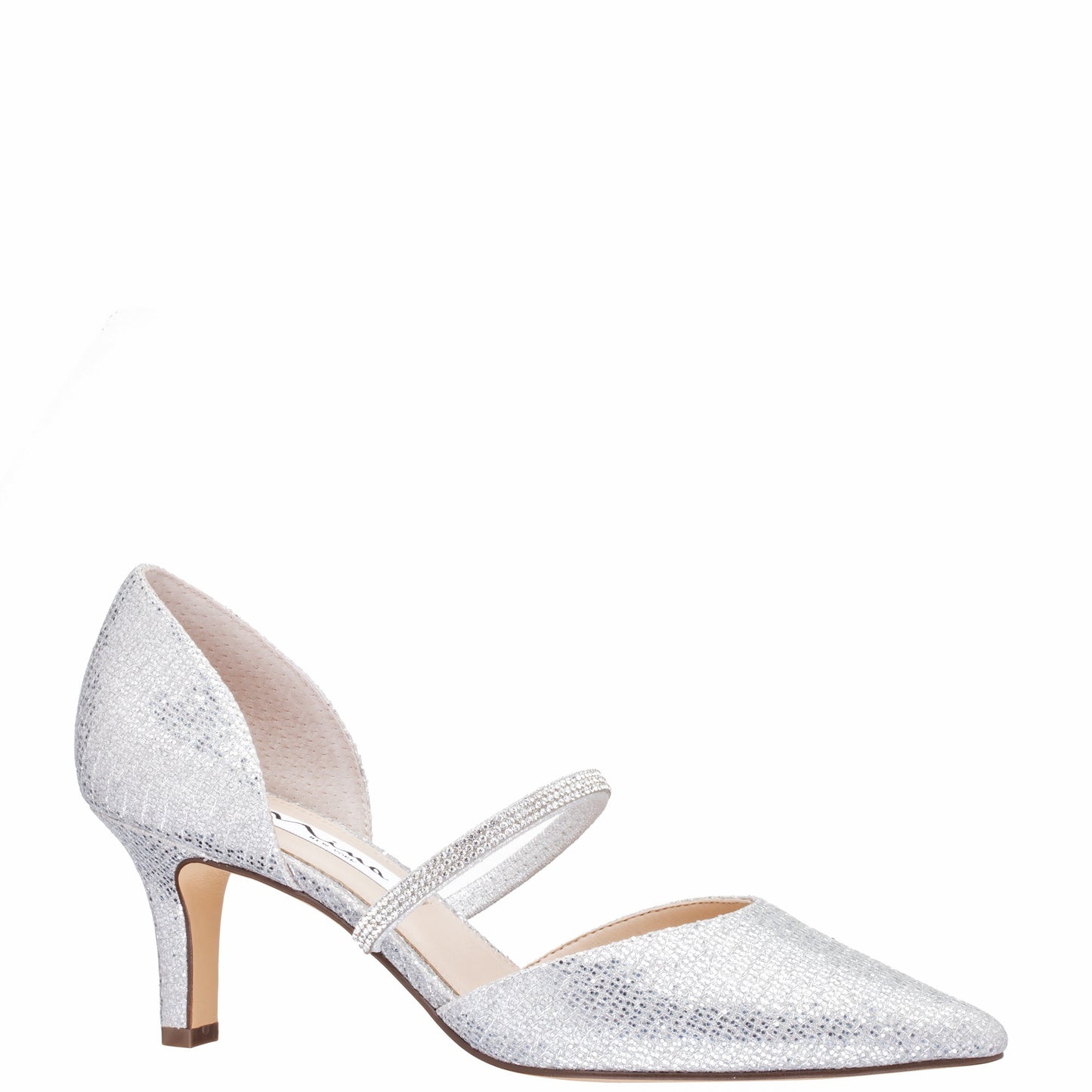 Nina Shoes Brystol Silver Glitter Mesh with Crystal Band Mid-Heel D'Orsay Pumps