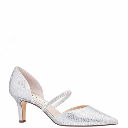 Nina Shoes Brystol Silver Glitter Mesh with Crystal Band Mid-Heel D'Orsay Pumps