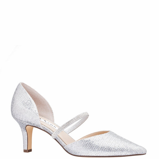 Nina Shoes Brystol Silver Glitter Mesh with Crystal Band Mid-Heel D'Orsay Pumps