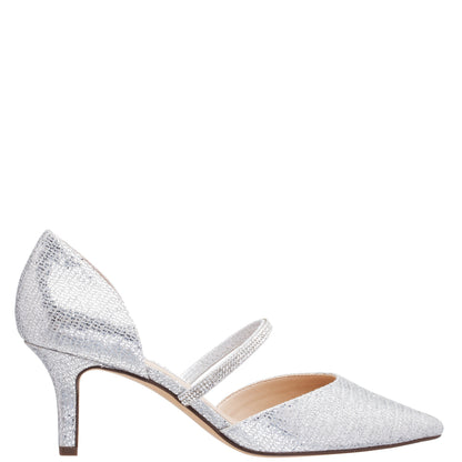 Nina Shoes Brystol Silver Glitter Mesh with Crystal Band Mid-Heel D'Orsay Pumps