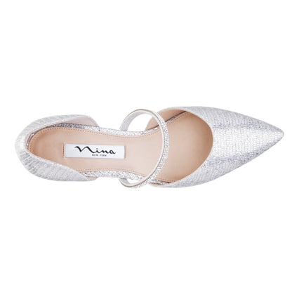 Nina Shoes Brystol Silver Glitter Mesh with Crystal Band Mid-Heel D'Orsay Pumps