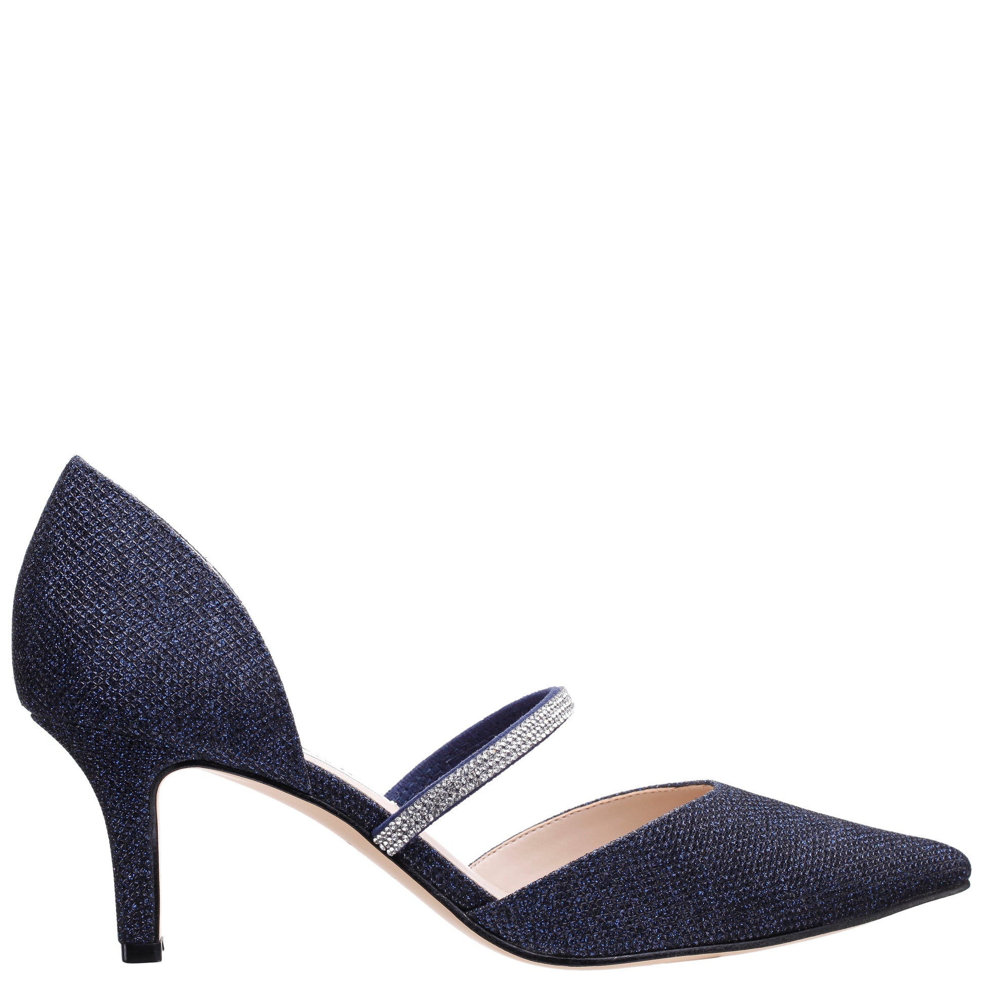 Nina Shoes Brystol Blue Textured Metallic with Crystal Band Mid-Heel D'Orsay Pumps