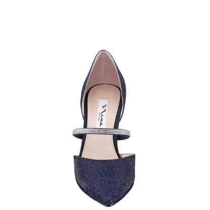 Nina Shoes Brystol Blue Textured Metallic with Crystal Band Mid-Heel D'Orsay Pumps