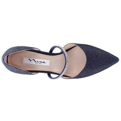 Nina Shoes Brystol Blue Textured Metallic with Crystal Band Mid-Heel D'Orsay Pumps