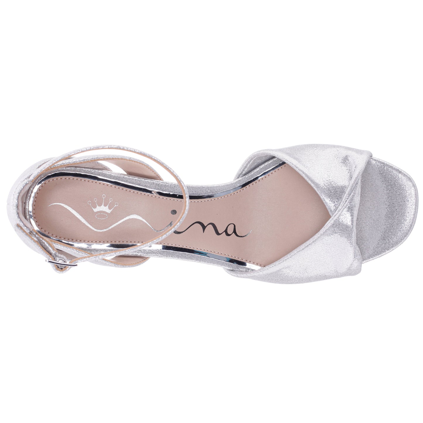 Nina Shoes Briza Silver Metallic Suedette Mid-Heel Platform Sandals with Ankle-Strap