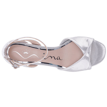 Nina Shoes Briza Silver Metallic Suedette Mid-Heel Platform Sandals with Ankle-Strap